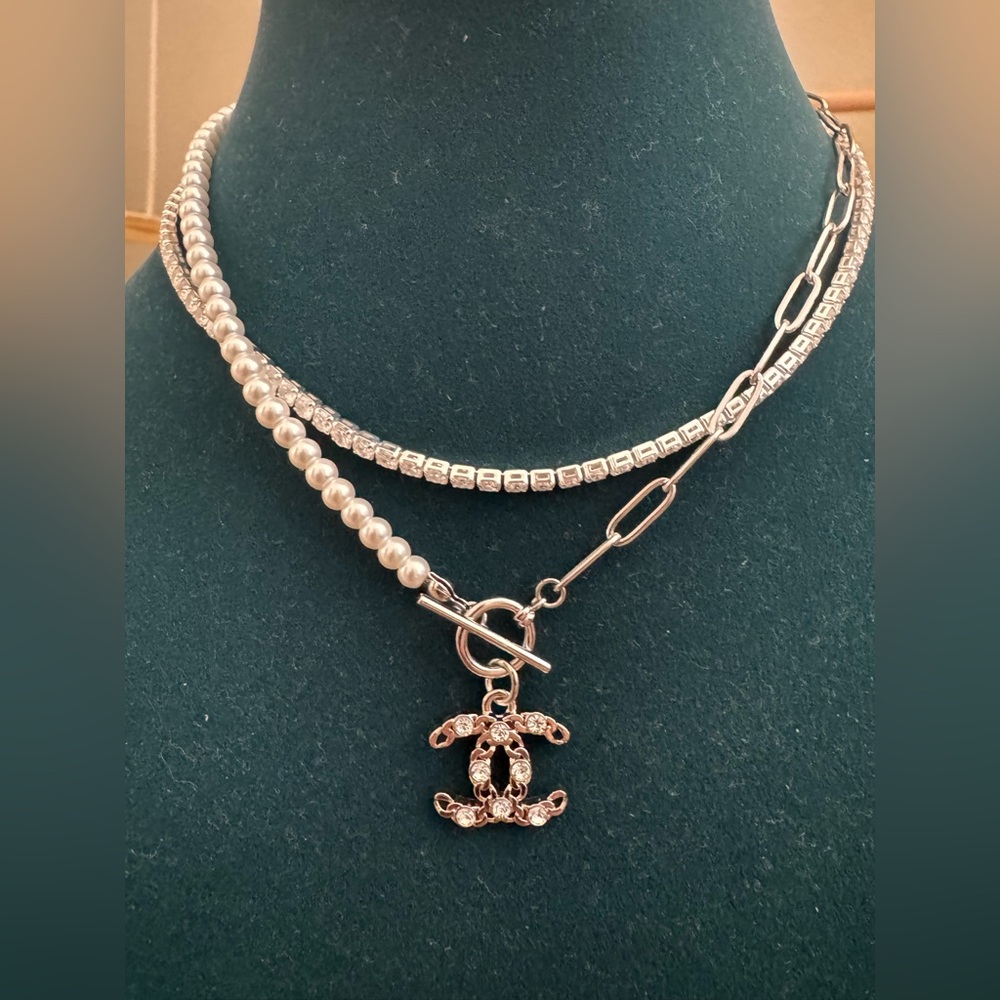 CHANEL rhinestone silver charm on Unbranded necklace 💗